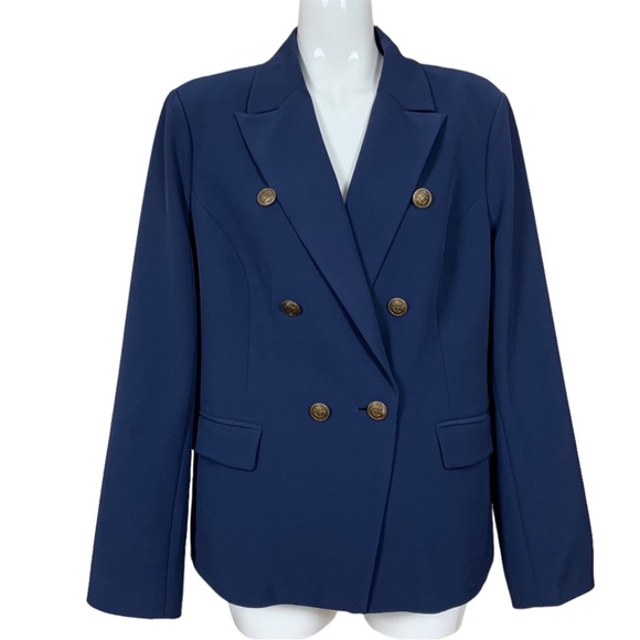 Boston Proper Blue Double Breasted Nautical Button Blazer Size 18 - Picture 2 of 11